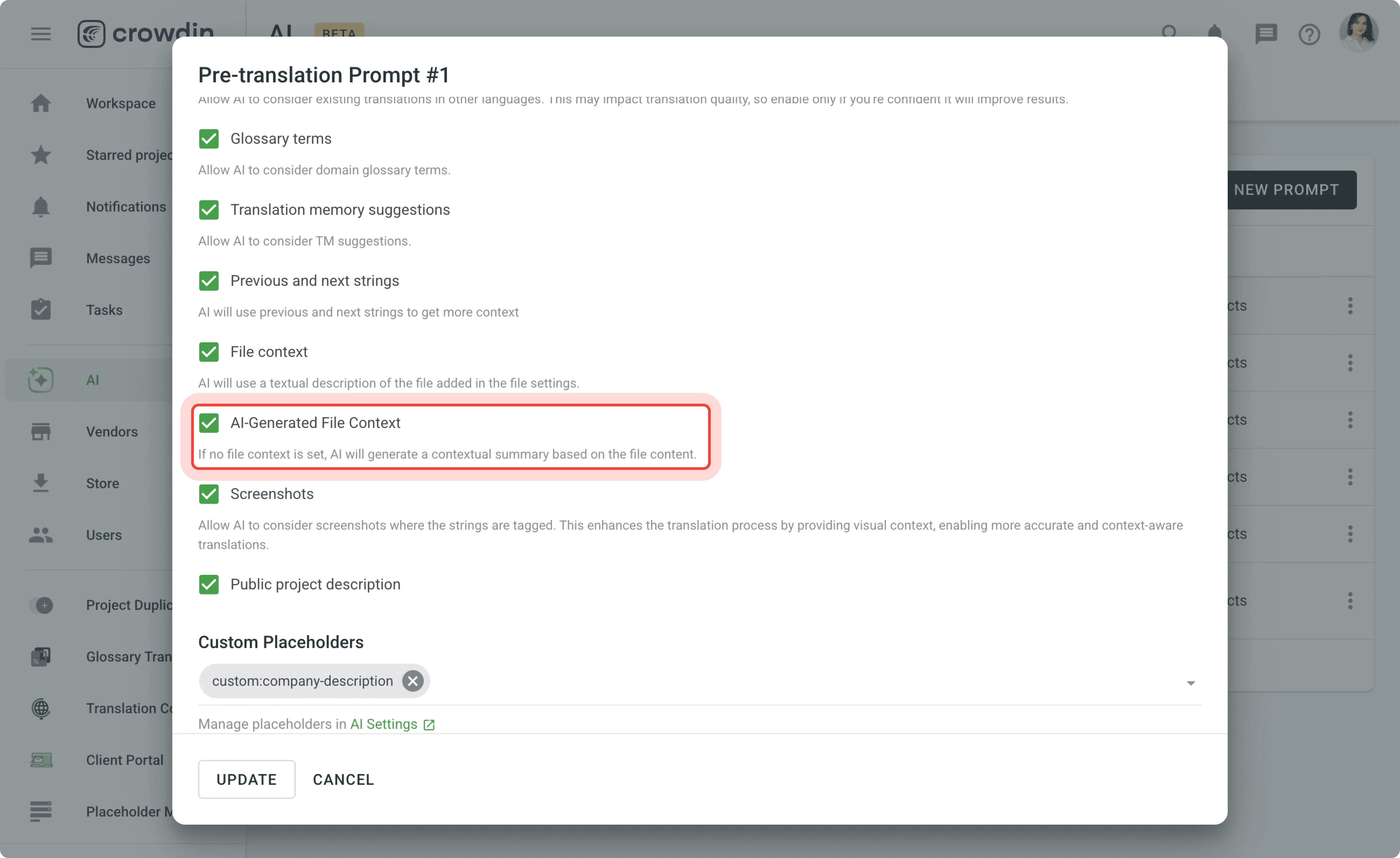 AI-Generated File Context at Crowdin AI Prompt Settings